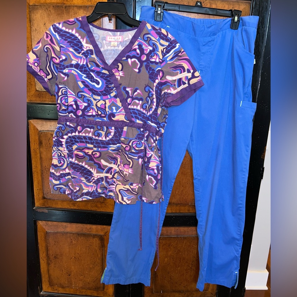Women's Printed Wrap Scrub Top with Royal Blue Scrub Pants